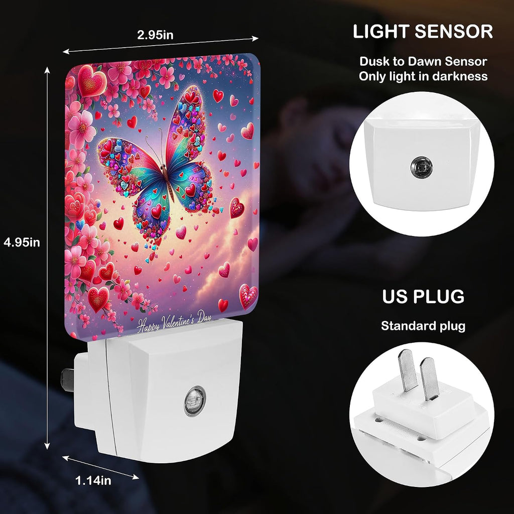 LED Night Light Lamp with Smart Sensor Dusk to Dawn Sensor,Cute Butterfly Happy Valentine's Day Red Hearts Night Light Daylight White,0.5W Plug-into Wall for Adults,Bedroom,Bathroom,Hallway