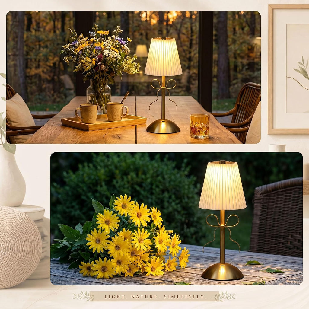 Liliful 2 Pcs Cordless Table Lamp LED Touch, Gold, Beige Cloth Style Bow