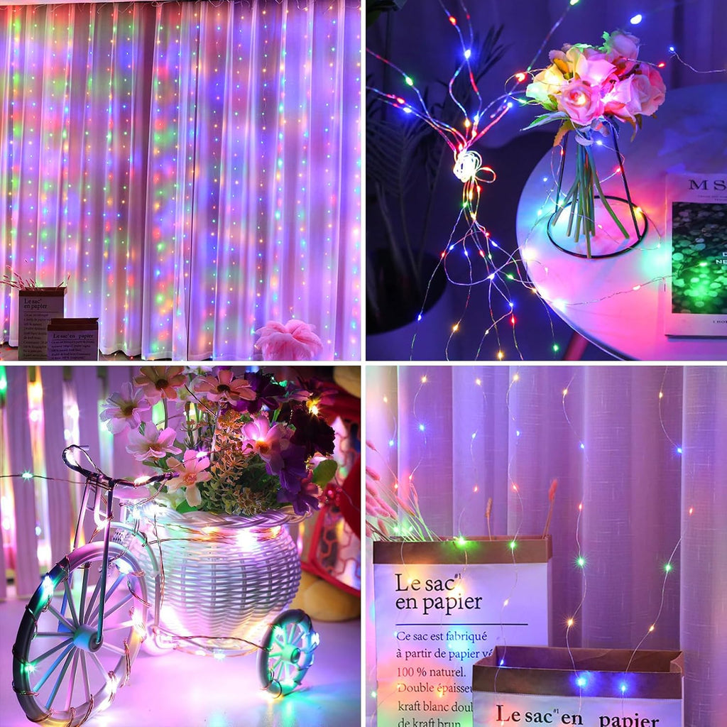 Curtain Fairy Lights, 3m x 3m 300 LEDs USB Operated 8 Modes String Light Indoor Waterproof Hanging Window Lights with Hooks for Christmas, Wedding, Party,Wall, Home Decorations (Multi-Color)