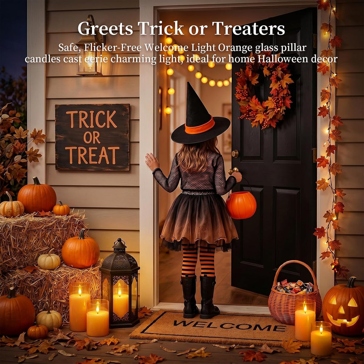 Amagic Orange Halloween Glass Flameless LED Pillar Candle with Remote Timer