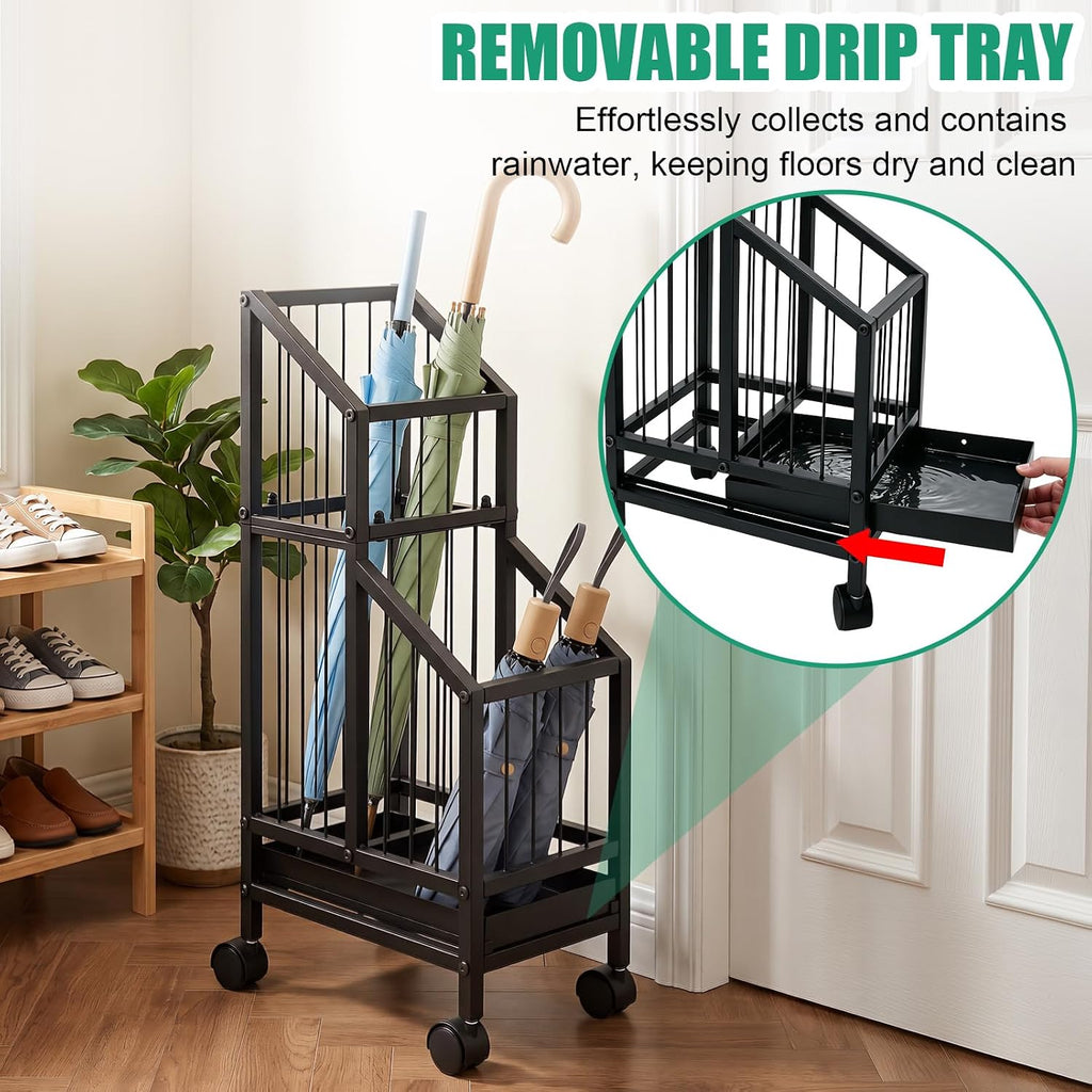 Umbrella Holder for Entryway, Umbrella Storage Stand with Removable Drip Tray & 4 Wheels, Holds 6-8 Umbrellas, 26 Inch Tall Metal Umbrella Rack for Indoor Home Office