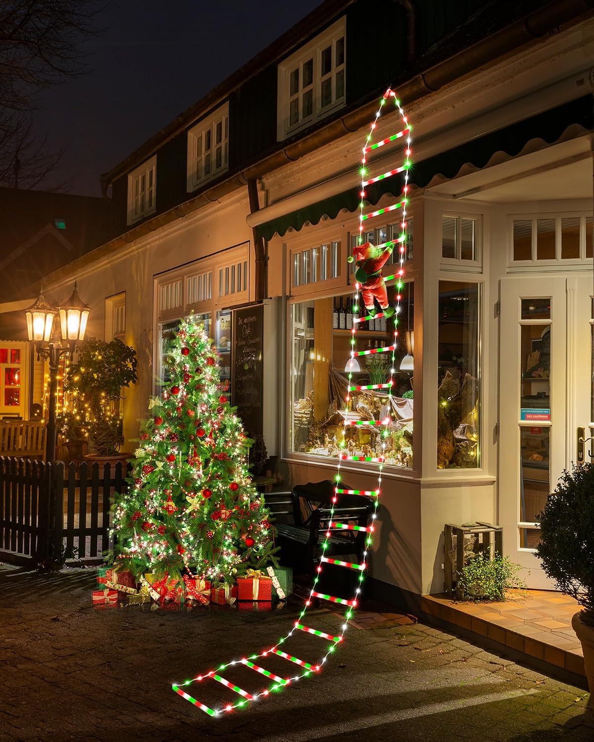 Toodour LED Christmas Lights - 10ft Christmas Decorative Ladder Lights with Santa Claus, Xmas Decorations Light for Indoor Outdoor, Window, Garden, Home, Wall, Xmas Tree Decor - Red White & Green