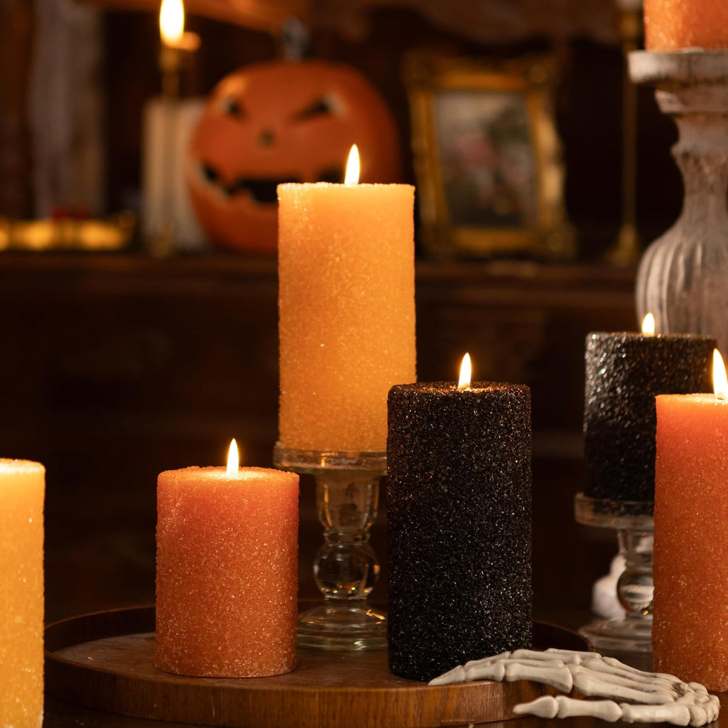 MOZEAL Hand-Poured Granular Texture Decorative Black Pillar Candles Set of 3 (3"x4", 5", 6"),Approx 300 Hours Burn Time Dripless, Unscented, Smokeless, for Halloween
