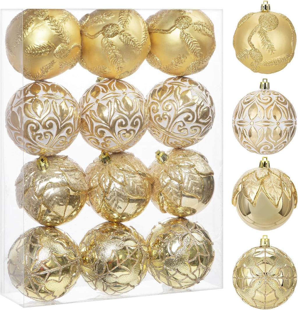 Hollyone 3.15"/80mm Gold Christmas Ball Ornaments 12 Pcs Shatterproof Christmas Tree Relief Ornament Set Large Hanging Balls for Xmas Wedding Holiday Wreath Home Decorations