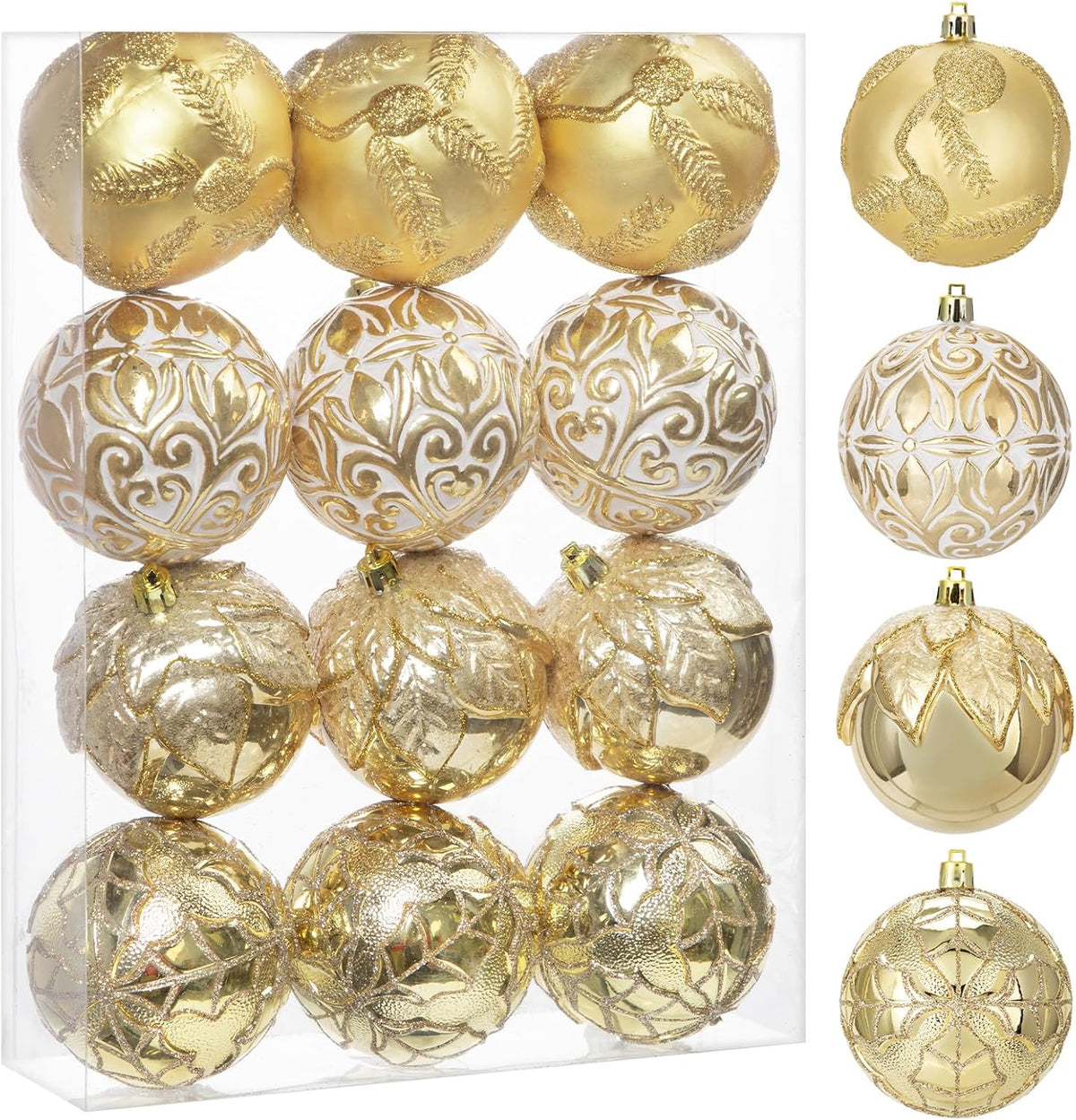 Hollyone 3.15"/80mm Gold Christmas Ball Ornaments 12 Pcs Shatterproof Christmas Tree Relief Ornament Set Large Hanging Balls for Xmas Wedding Holiday Wreath Home Decorations