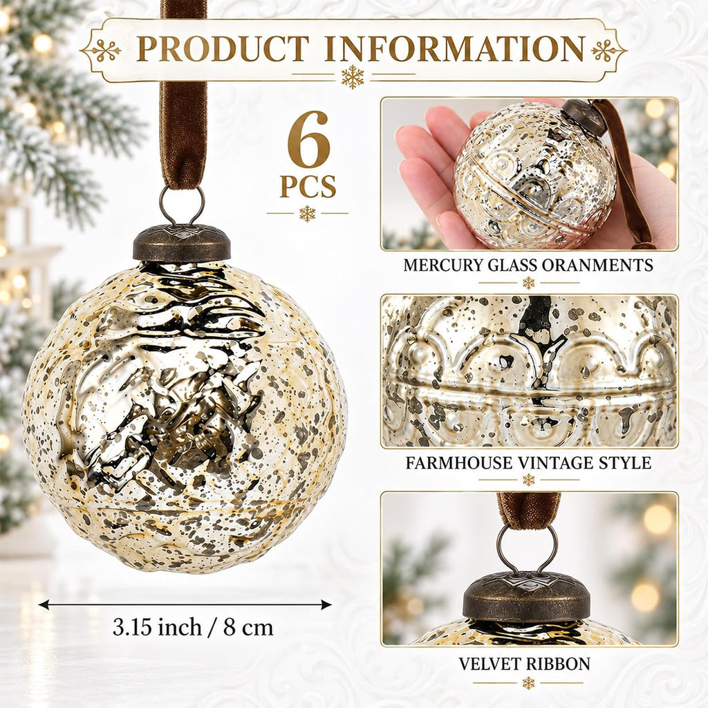 Threan 6 Pcs Vintage Gold Mercury Glass Christmas Ornaments, Polka Dot