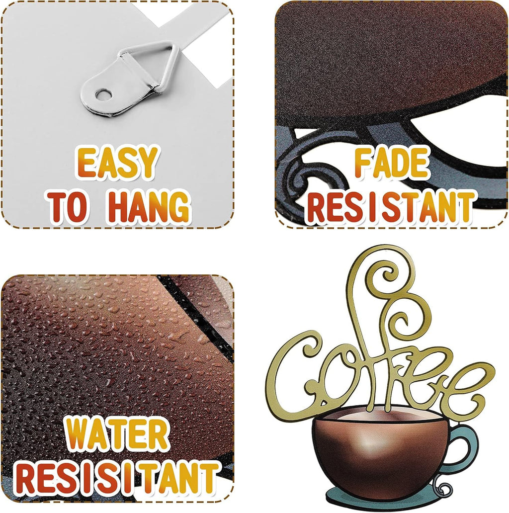 Hotop 4 Pcss Metal Coffee Cup Wall Art Decor Coffee Decor, Brown