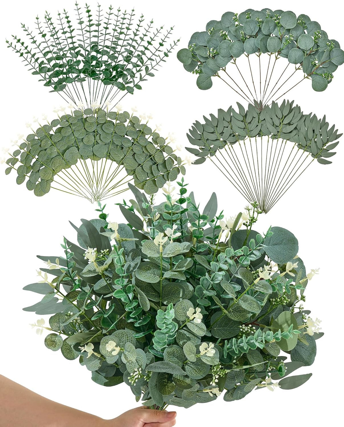 Alecono 75pcs Mixed Eucalyptus Leaves Stems Bulk, 4 Kinds Artificial Greenery Stems Faux Sliver Dollar Fake Greenery for Centerpieces Wedding DIY Bouquets Floral Arrangement Party Decor
