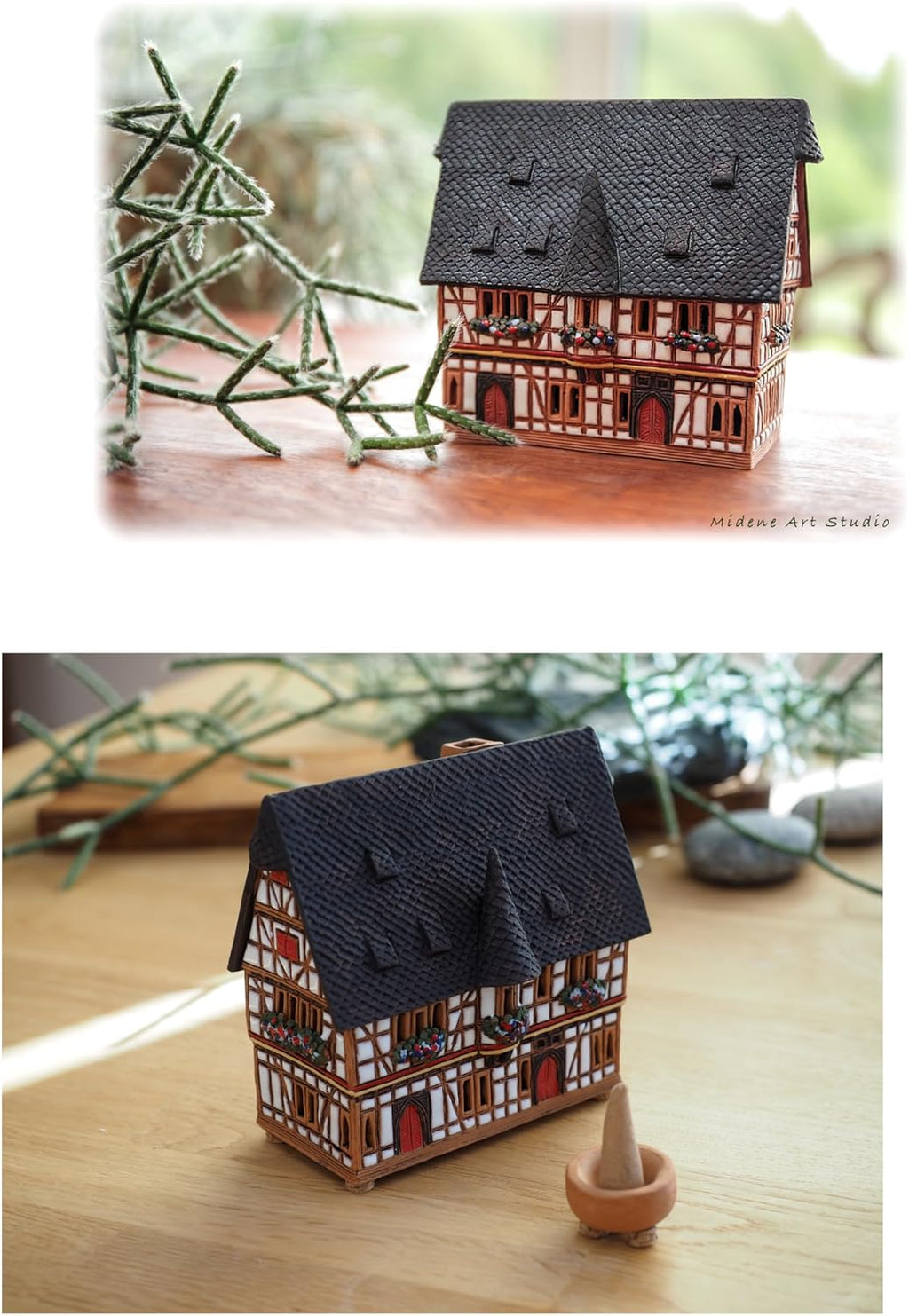 Ceramic Houses and Villages Collection - Handmade House Ceramic Art Cone Incense Holder Room Decoration Collectible Miniature Town Hall in Schotten, Germany R232