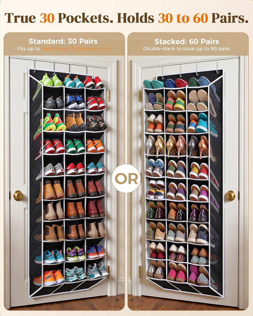 30-60 Pair Over Door Shoe Organizer, 26" Extra Wide Shoe Storage Rack(Blk)