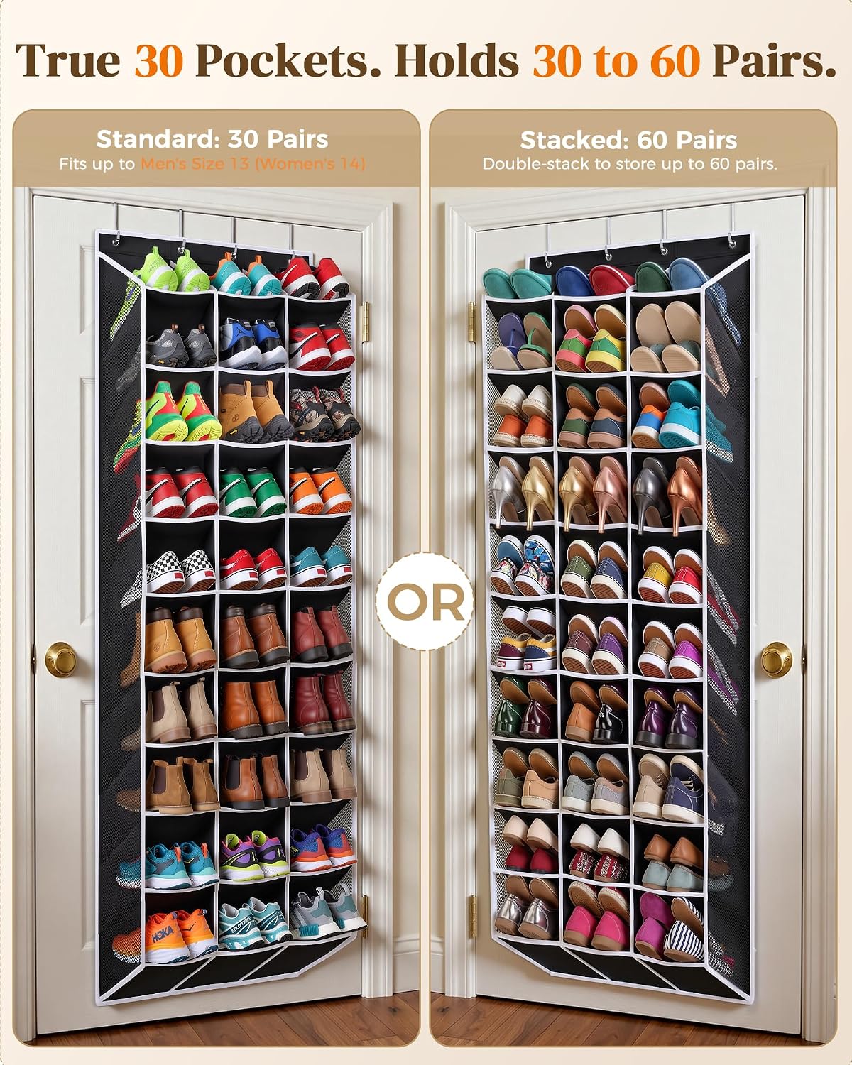 30-60 Pair Over Door Shoe Organizer, 26" Extra Wide Shoe Storage Rack(Blk)