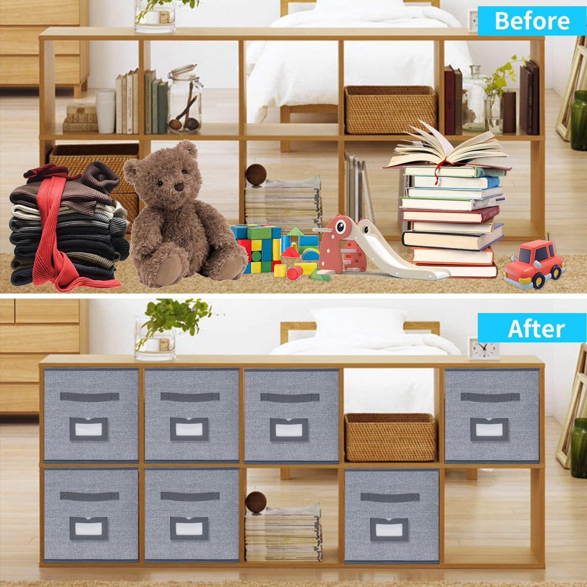 Onlyeasy Extra Large Cloth Storage Bins Foldable Cube Storage Bin 4 Pack - Fabric Cube Organizers Container Drawers with Dual Handles for Shelves, 13" W x 15" D x 13" H, Linen-Like Grey, 7MXDBXL04PLP