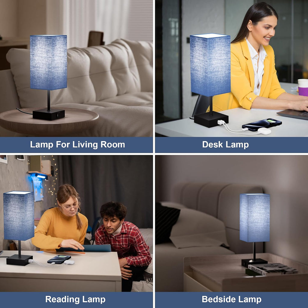 Bedside Table Lamp for Bedroom with 2USB Ports, 14-Inch, NavyBlue