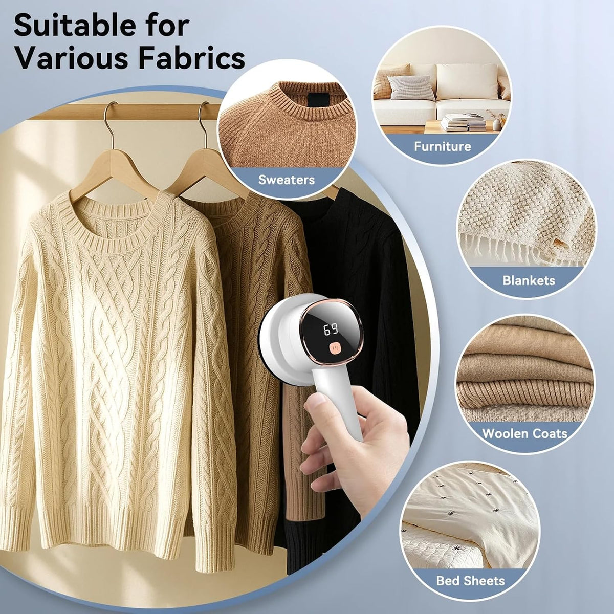 Rechargeable Fabric Shaver, 6-Leaf Blades, LED Display, 3 Speeds