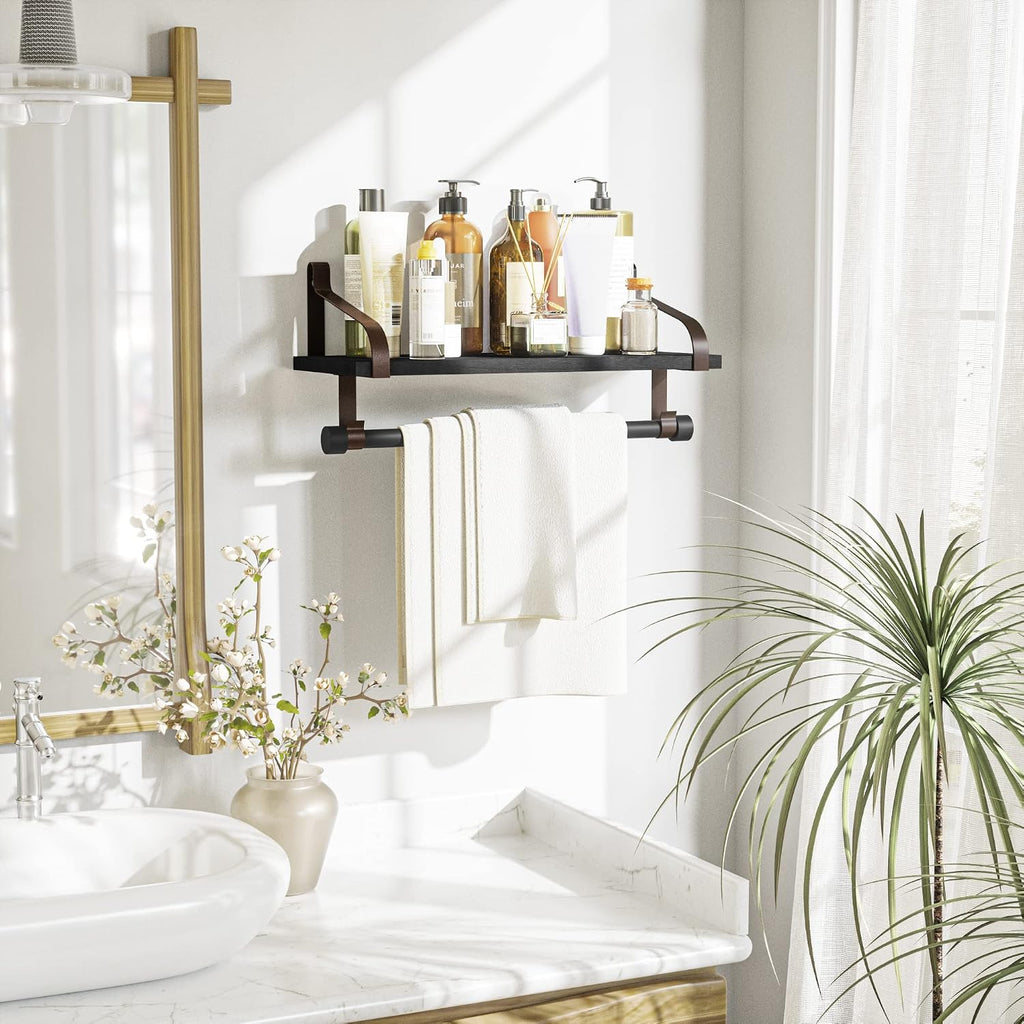 Love-KANKEI 17.3" Floating Wall Shelf Wood/Bracket,Coffee Bar,Black/Brown