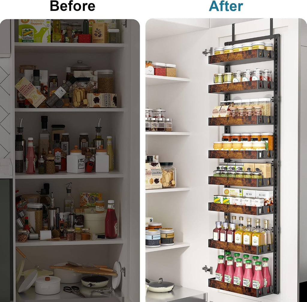 BUKFEN 8-Tier Over the Door Pantry Organizer, Adjustable Wooden Basket