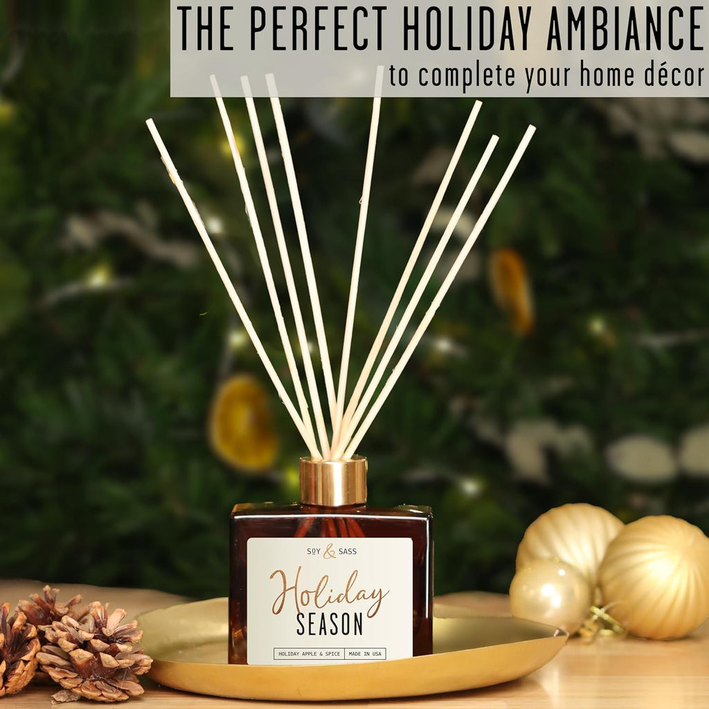 Holiday Diffuser, Holiday Reed Diffusers for Home Christmas Décor - w/Apple & Spice I Infused w/Essential Oils I 3.75 OZ Oil I Long-Lasting Scent Lasts 4-6 Month's I Made in The USA