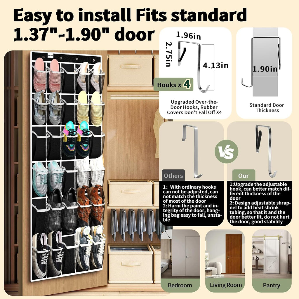 PAULONE Over the Door Organizer with 30 Large Pockets, 3 Sizes of Closet Hangers, Holds up to 69 lbs, Hanging Organizer with Clear Window for Children's Toys, Shoes, Diapers (Black)