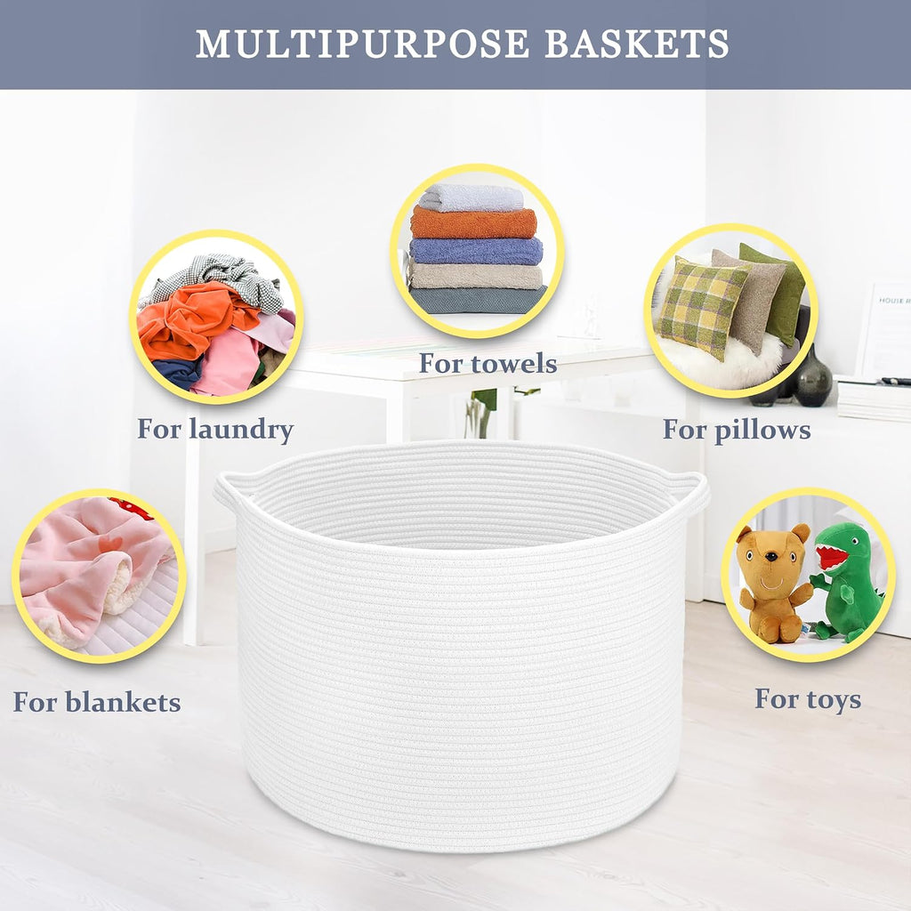 Large Cotton Rope Blanket Basket, 87L Laundry Hamper, White