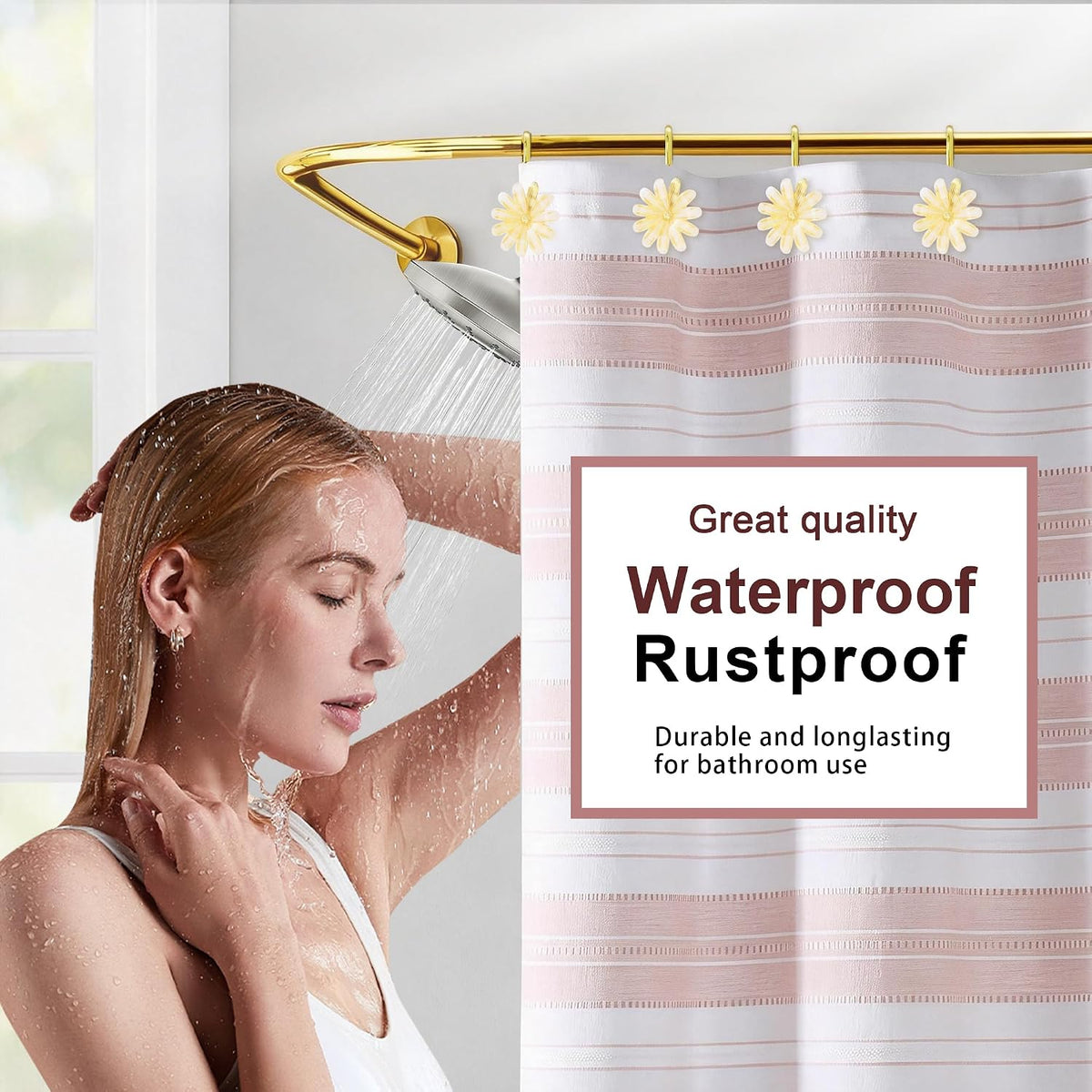 Shower Curtain Hooks, Rust Resistant Cute Daisy Metal Decorative Shower Rings Hangers Set of 12 for Bathroom Curtains,Clothing, Towels (Gold White)