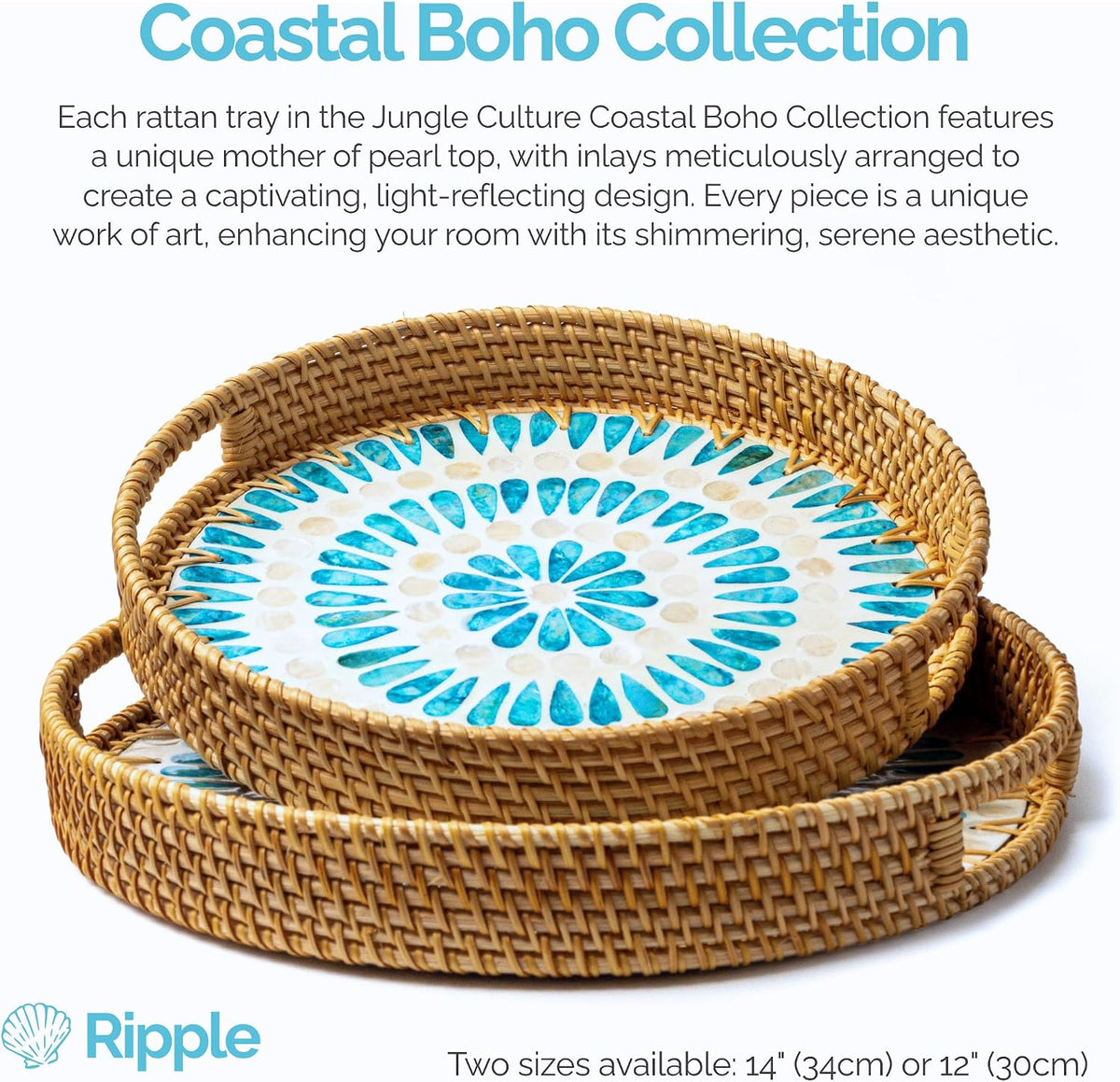 JUNGLE CULTURE Round Rattan Tray with Mother of Pearl Inlay • Ripple 12”