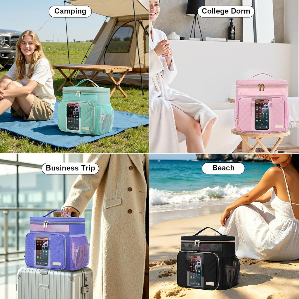 Portable Shower Caddy College Dorm Essentials (Full Size Bottle Compatible), Toiletry Bag for Women Men, Hanging Makeup Bag with Quickly Dry Mesh Base for Travel,Gym & Camping,Pink