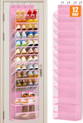 MISSLO 12 Tier Over the Door Shoe Organizer Breathable Mesh Hanging Shoe Rack for Closet Storage Shoe Holder for Door Fit 24 Pairs Sandals, Heels, Boots (Pink)