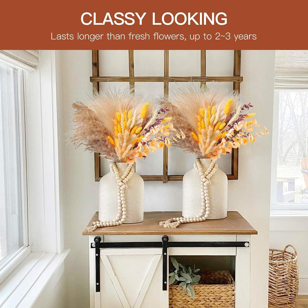 HUMINBO Fall Decor Autumn Decorations for Home - Boho Flowers Orange Pampas Grass Decor Fluffy Dried Flower Bouquet Dry Pompas 17"-95-Pcs Pompous (2 Pack)