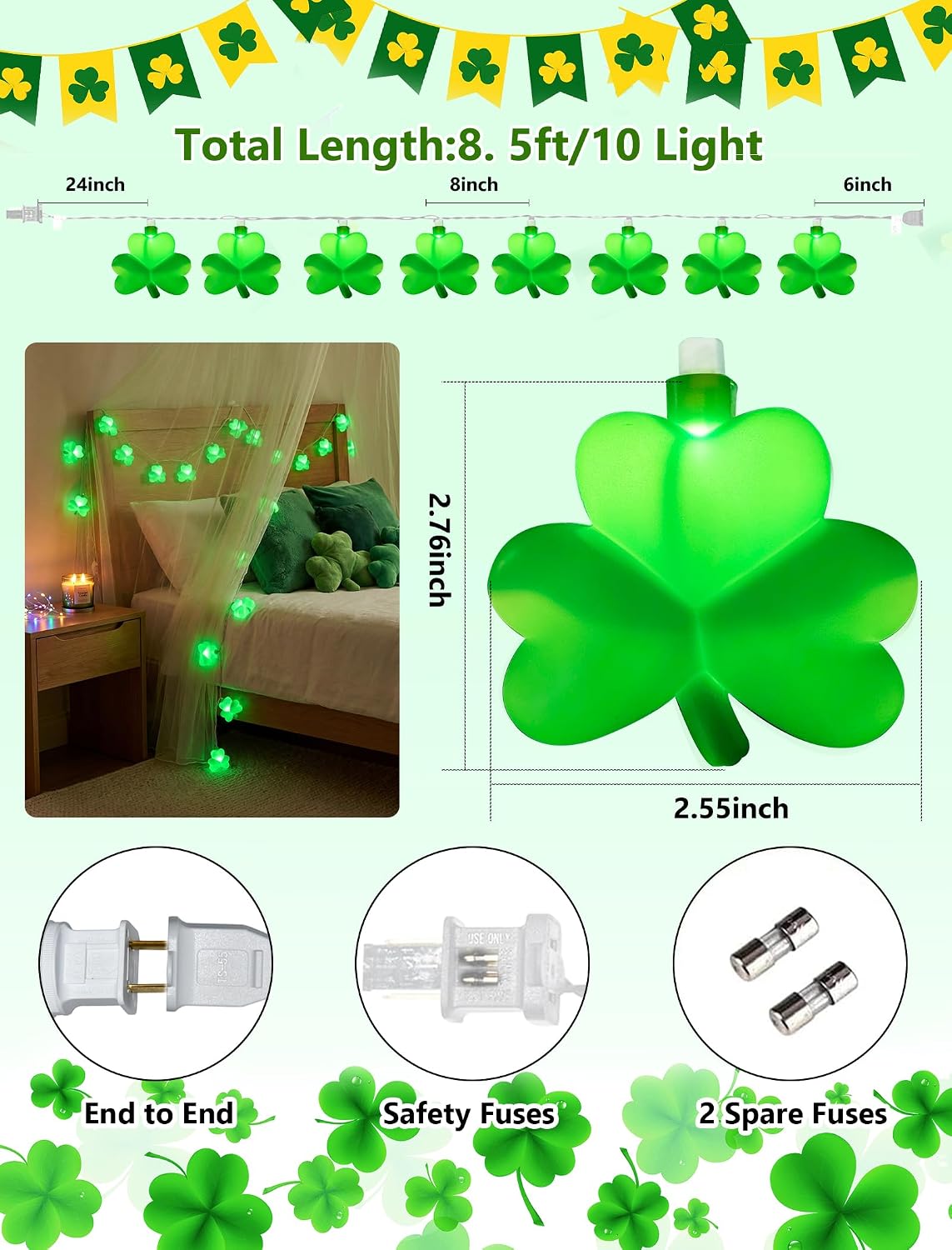 8.5Ft St patricks Day Lights Outdoor, Shamrock String Light Plug in with 10 LED Lucky Clover Lights, Green Clover for Irish Bedroom Home Garden Party Green Feast St. Patrick's Day Decorations
