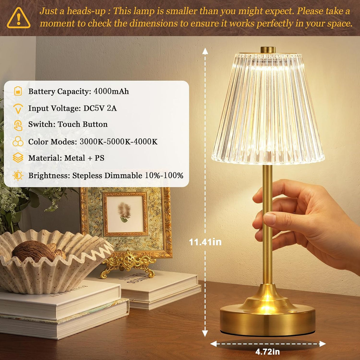 Kakanuo Gold Cordless Rechargeable Table Lamp, Touch Battery Powered Lamp, 3 Color Modes, Crystal Acrylic Lampshade, Portable Ambient Night Light for Desk, Bedroom, Dining Room, Kitchen, Bar (2 Pack)