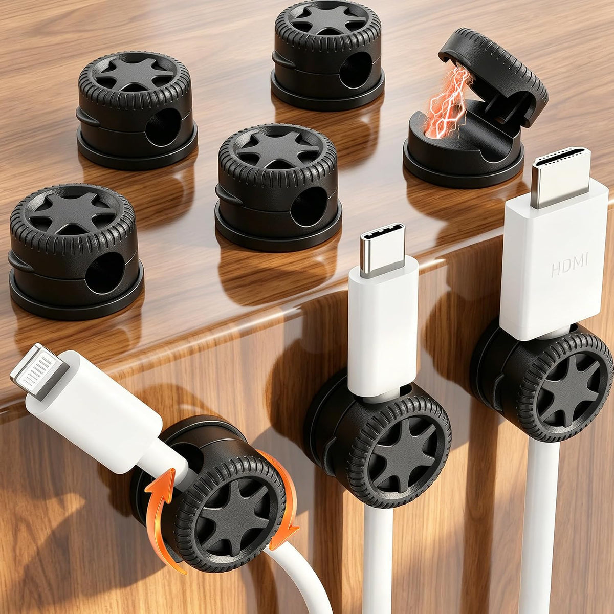 AGPTEK Magnetic Cable Clips Black, 360° Rotating Cord Holder for Nightstand