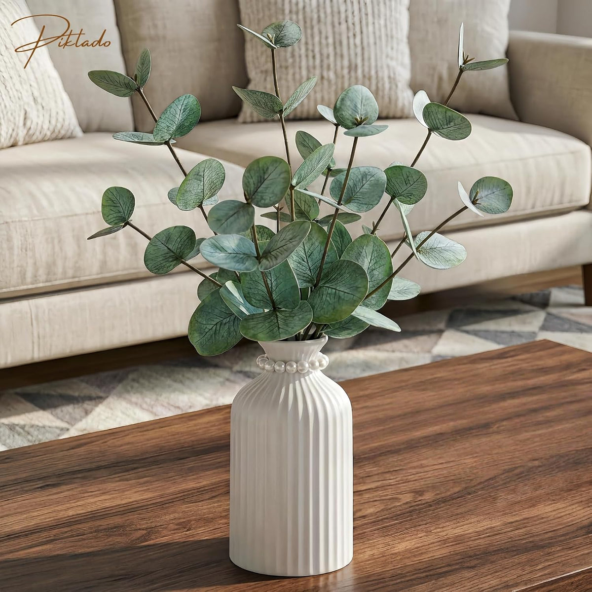 Artificial Eucalyptus Stems in Vase, Faux Plants with Frosted Ceramic Vase, Nordic Style Fake Green Plants with Bottle Set for Home Decor Indoor Centerpiece (Green Eucalyptus with White Vase)