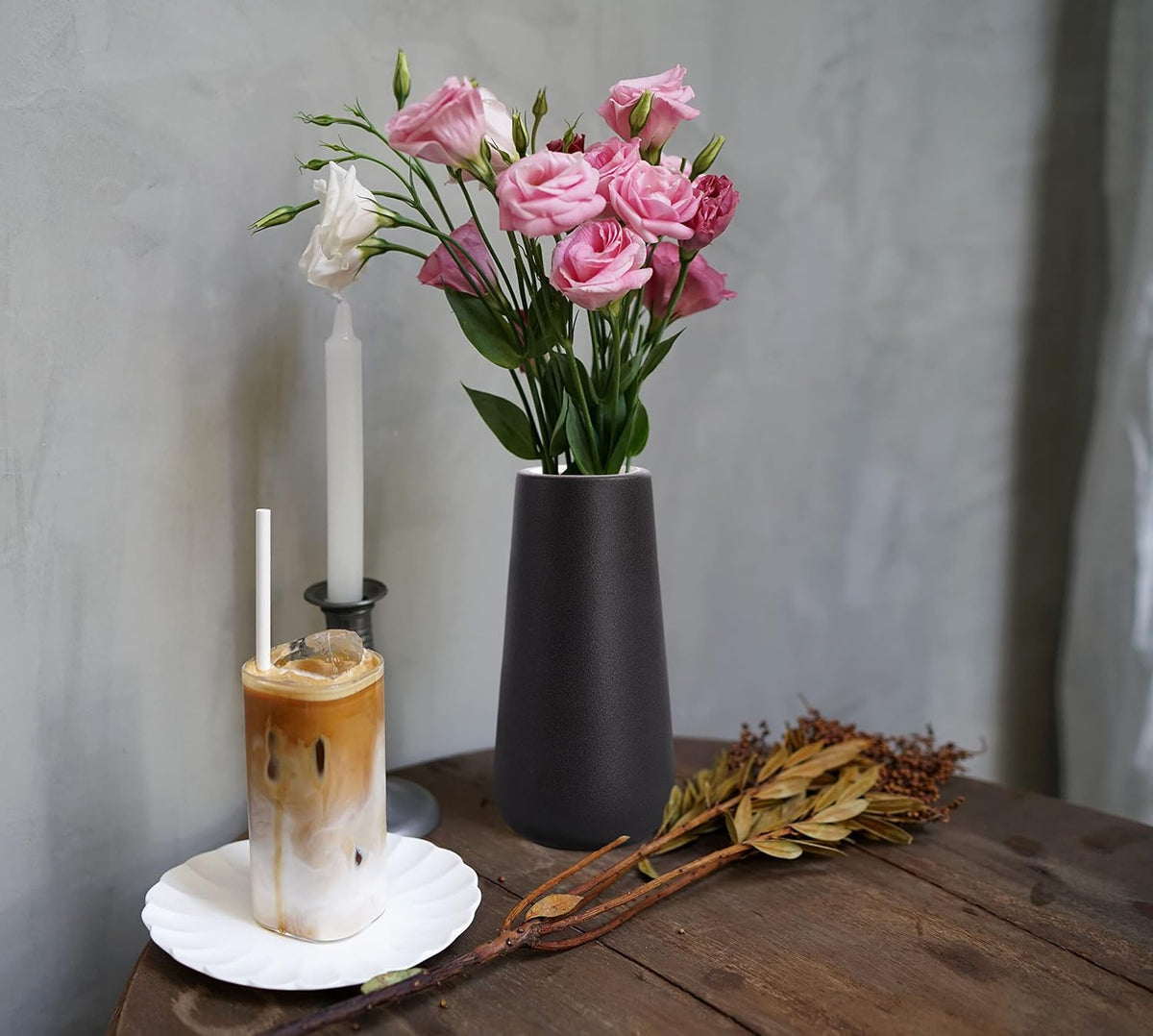 D'vine Dev 8 Inch Ceramic Flower Vase Textured Finishing, Minimalist Design for Kitchen, Bedroom, Living Room, Centerpieces, Office, Raven Grain, VS-XH-B-1 (Pack of 3)