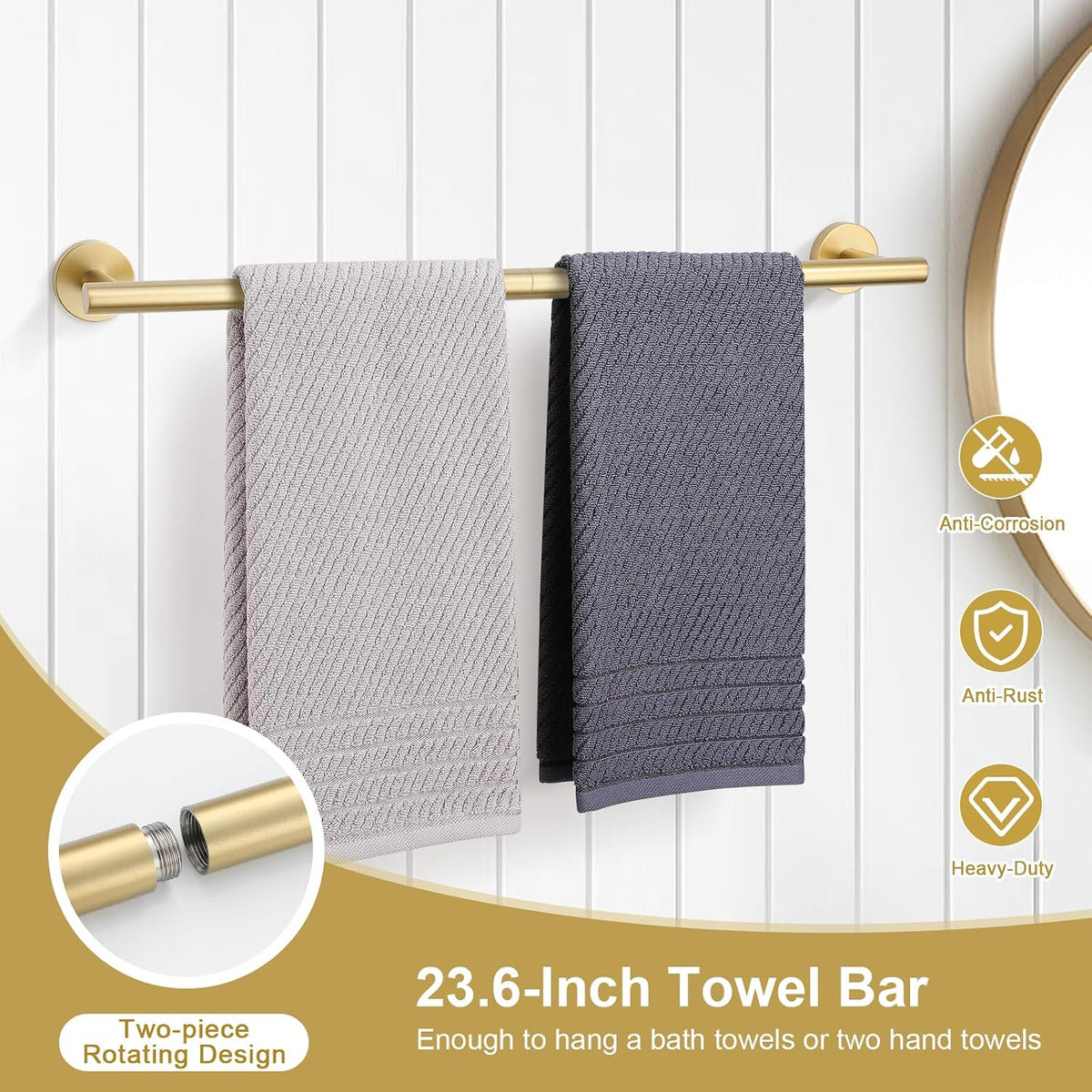 TQKAG 8-Pieces Bathroom Hardware Set, Brushed Gold Towel Bar Set 23.6 Inch