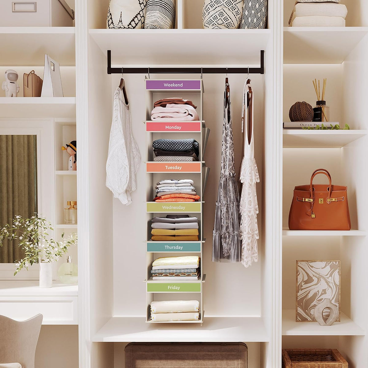 YOUDENOVA Weekly Clothes Organizer for Kids, Hanging Closet Organizer, Grey