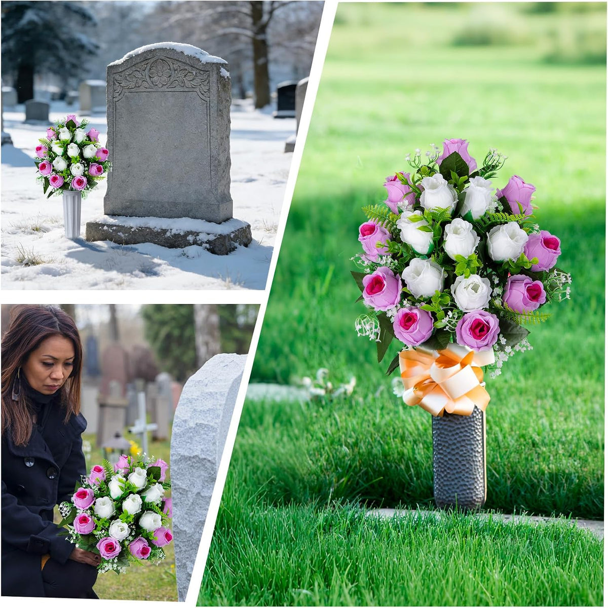 Set of 2 Artificial Cemetery Flowers with Vase, Artificial Grave Flowers Outdoor Memorial Rose Bouquets for Cemetery Headstone Graveyard Decor (Pink White)