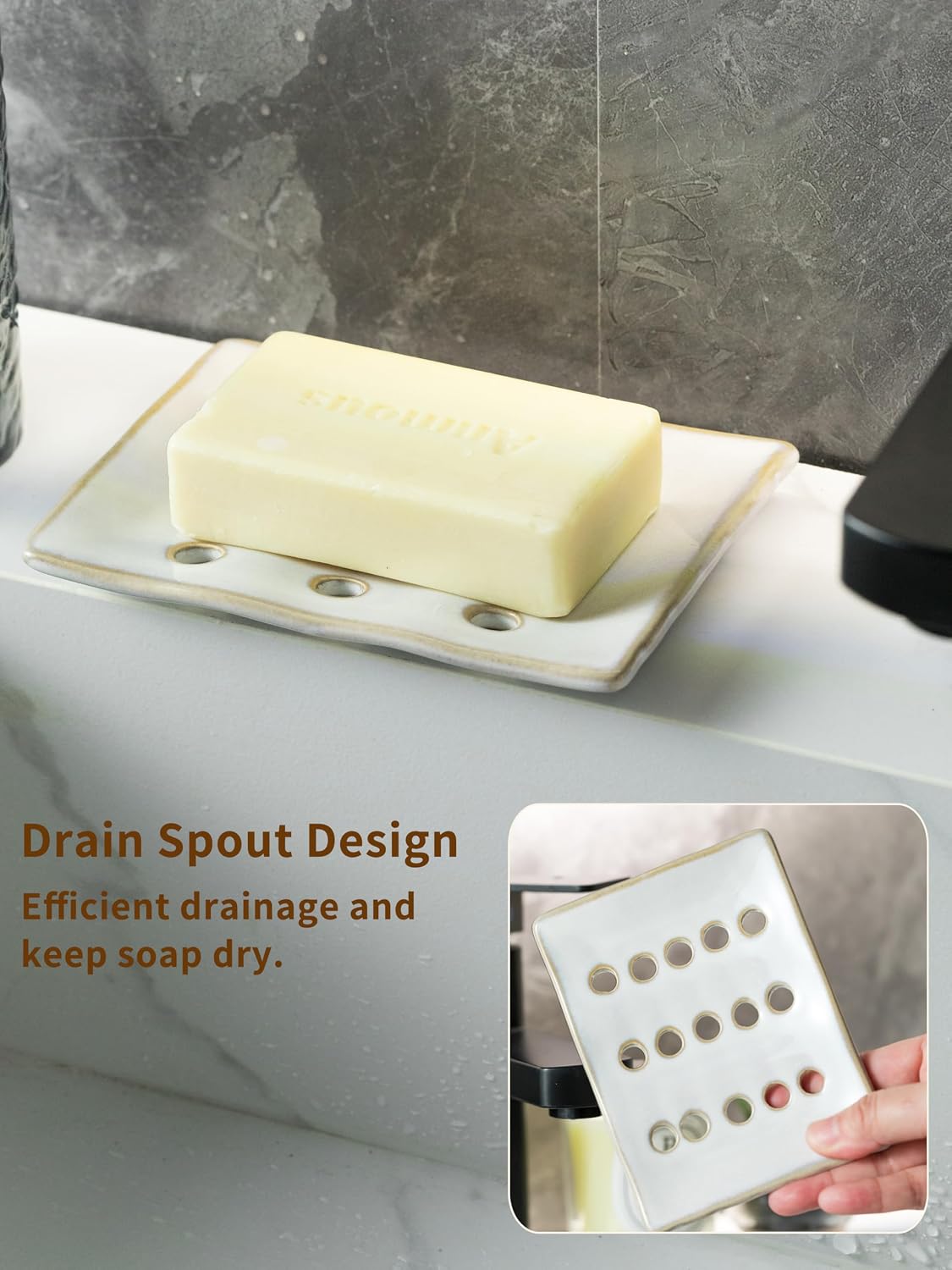 Soap Dish with Self Drain, Bar Soap Holder for Bathroom and Kitchen Sink, Rectangular Soap Dishes for Shower Ceramic Soap Saver, Japanese Soap Tray, White (Pack of 2)