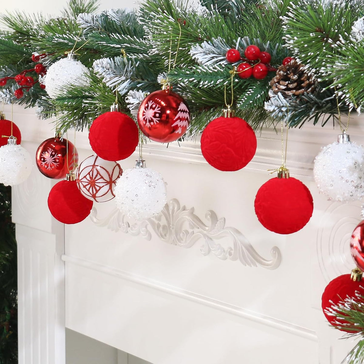 25PCS 2.36In Velvet Red/White Christmas Ball Tree Ornaments Decorations Set