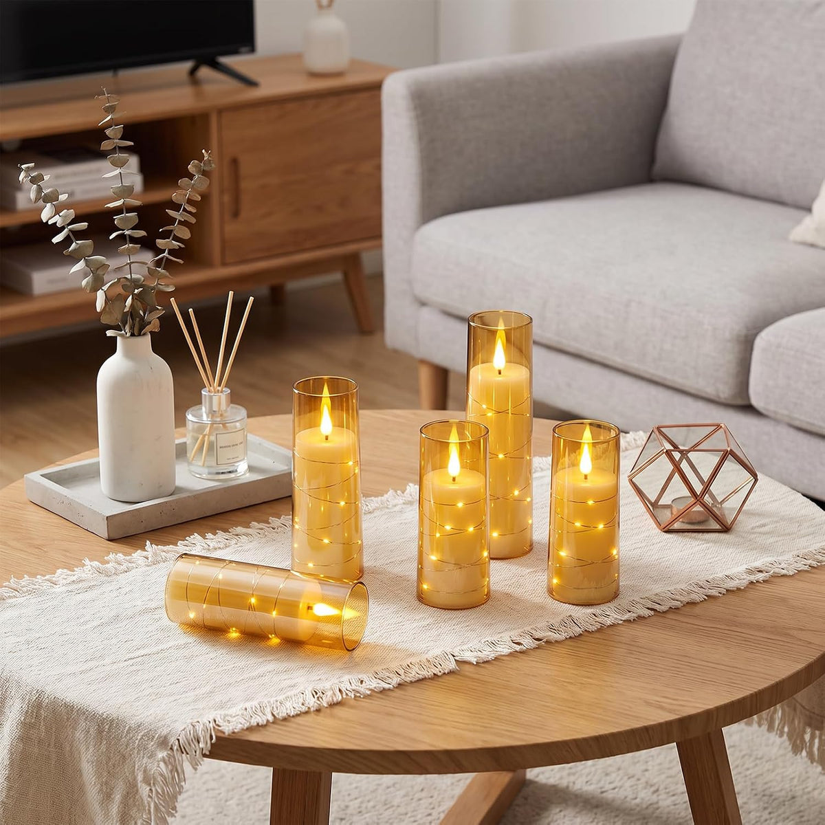 Rechargeable Flameless Candles String Lights Battery Operated 2 Remote Gold