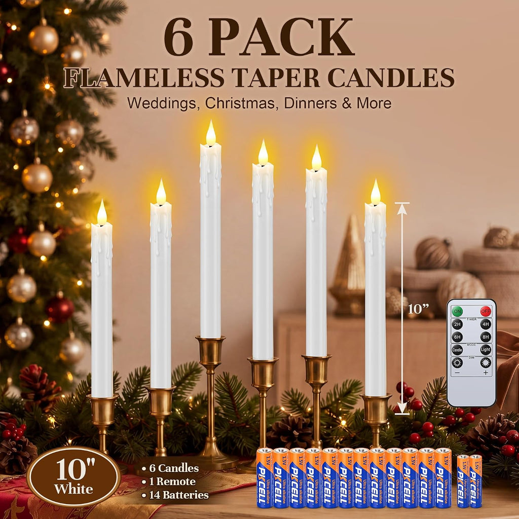 Enhon 6 Pack Flameless Taper Candles with Remote & Batteries, 10" White LED Candle Sticks, 3D Wick & Wax Drip Design, 624+ Hour Battery Operated Candles for Home, Wedding & Christmas Decor
