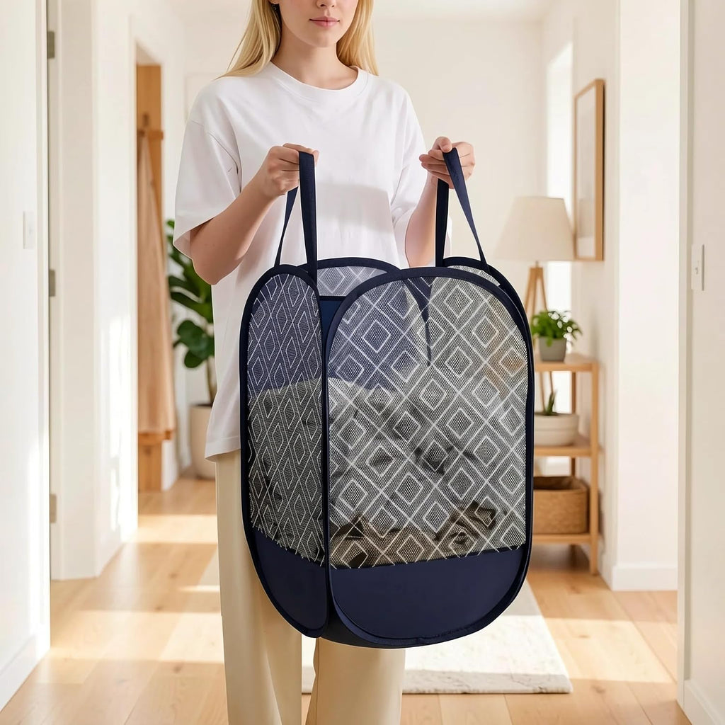 Upgraded 100L Extra Large Mesh Pop Up Laundry Hamper with Handles, Blue