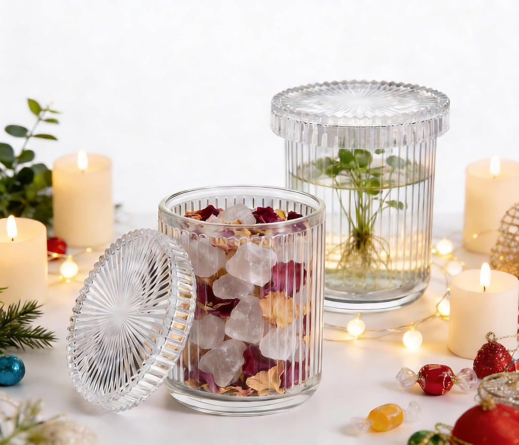 2‑Pack Clear Ribbed Glass Qtip Holder, Vanity & Bathroom Makeup Storage