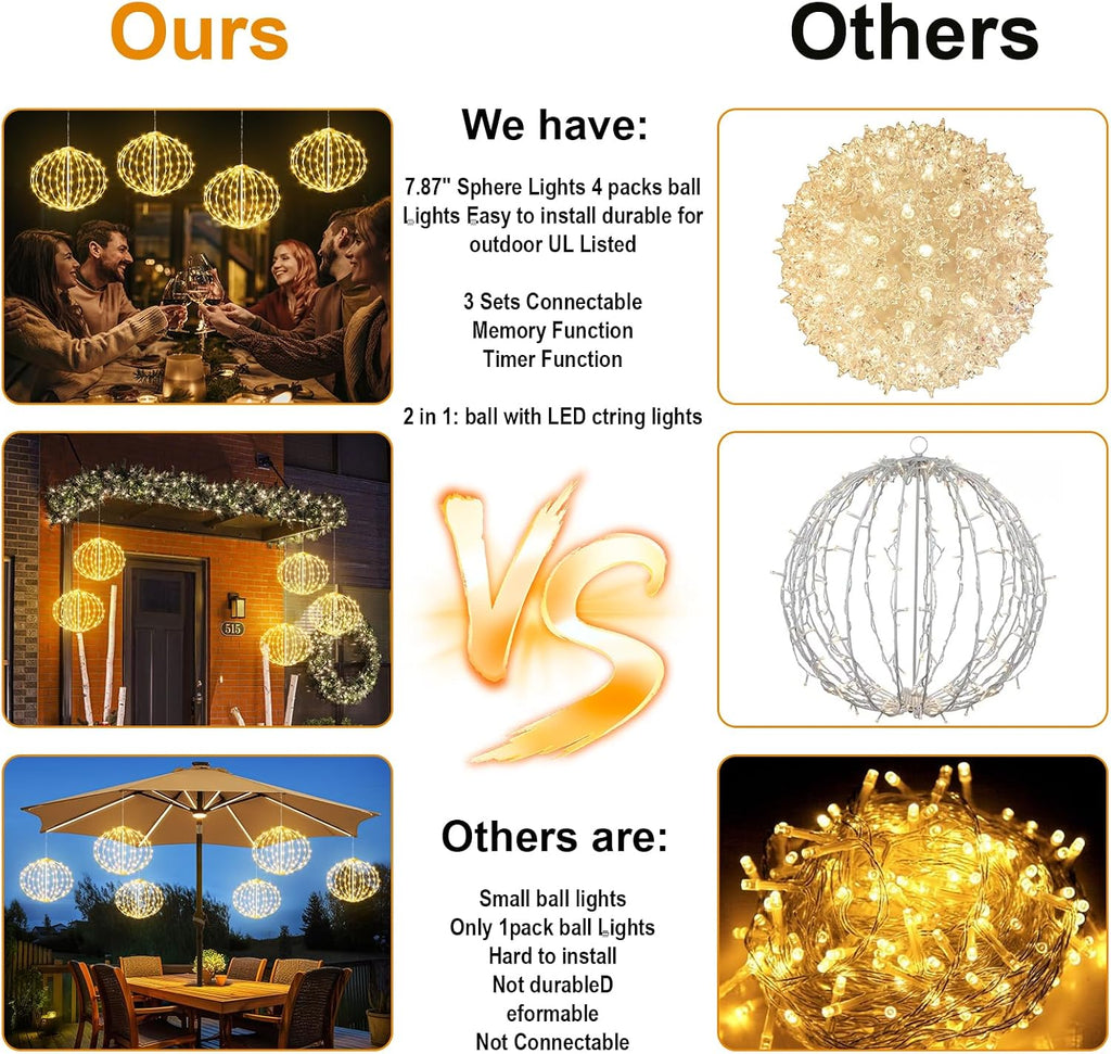 led String Lights Outdoor, 2 Pack, 8in Globe, 162 LEDs Expandable Hanging Ball Lights with 8 Modes, Timer, IP65 Waterproof Connectable for Porch, Yard, Roof Indoor Home Decor Warm White
