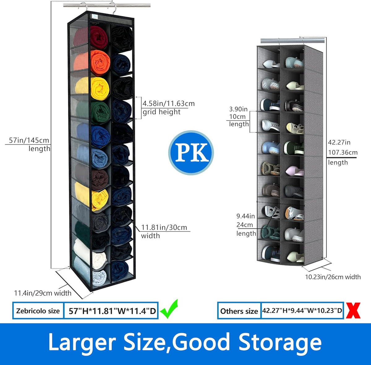 Closet Organization,24 Section, Hanging Closet Organizer, Space Saving, College Dorm Essentials for Girls, Heavy dutys Hooks Up to 45 Pounds, Clothes Storage,Closet Organizer,Grey/Black