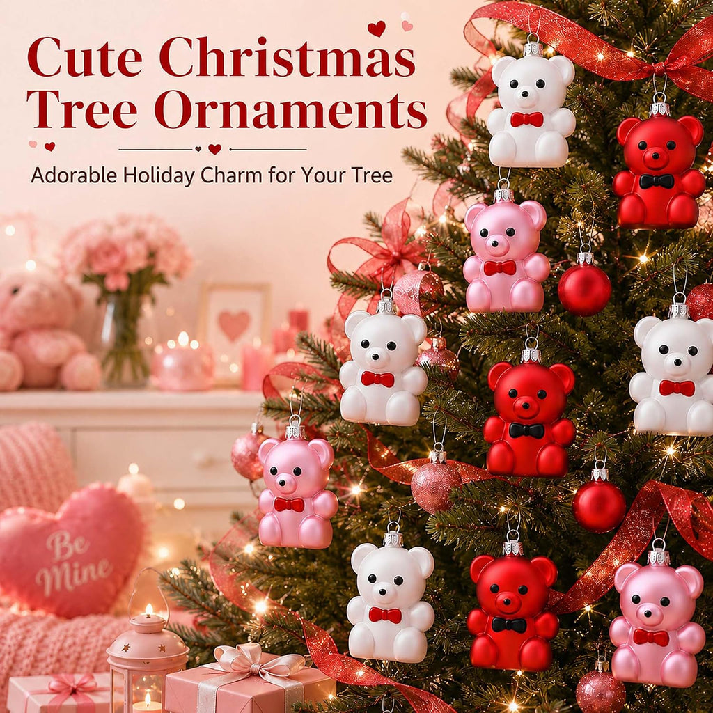 Set of 12 Valentines Tree Decorations, Bear Ornaments for Valentine Tree, Small Red Pink White Ornaments for Christmas Tree, Plastic Hanging Decorations for Party Wedding Anniversary Decor