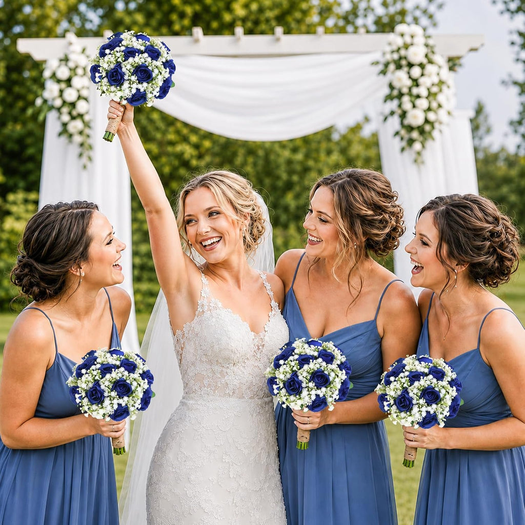 Artificial Bridesmaid Bouquets Set of 6 for Wedding-7 inch Navy Blue Flowers Bouquets for Bridesmaids, Faux Rose Gypsophila Rustic Small Floral Bouquet Fake Wedding Party Ceremony Anniversary Decor