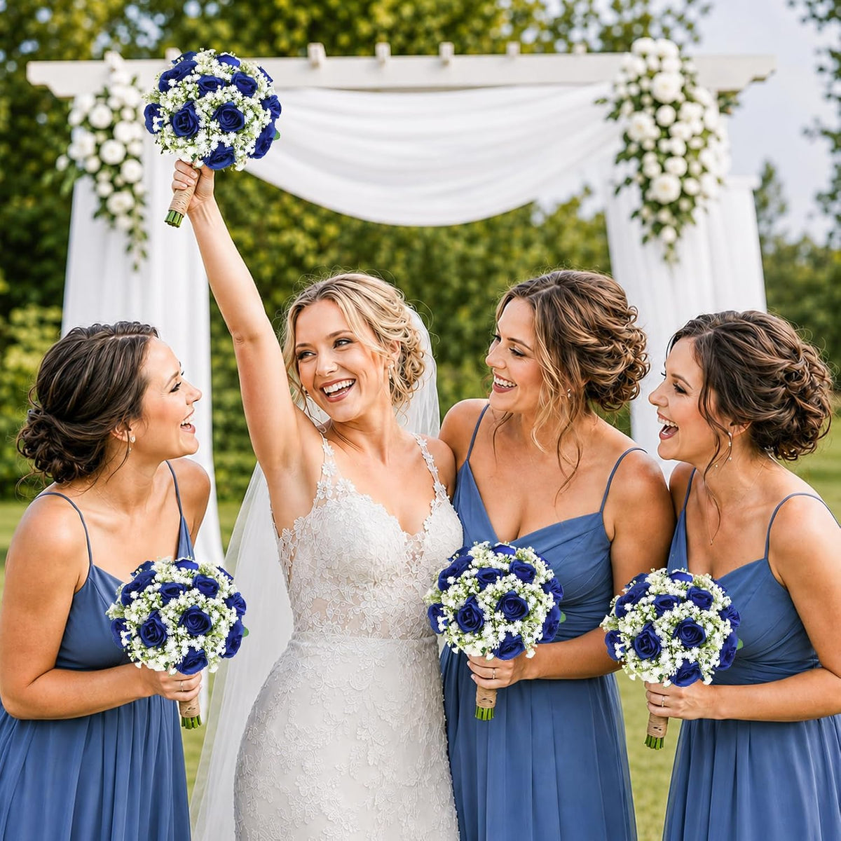 Artificial Bridesmaid Bouquets Set of 6 for Wedding-7 inch Navy Blue Flowers Bouquets for Bridesmaids, Faux Rose Gypsophila Rustic Small Floral Bouquet Fake Wedding Party Ceremony Anniversary Decor
