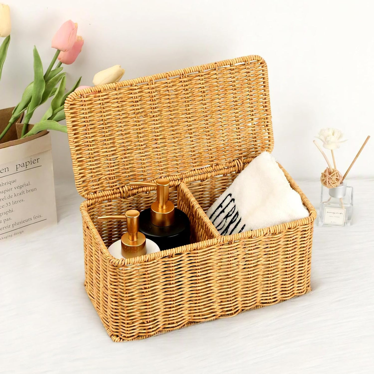 Sumnacon Wicker Storage Basket with Lid, Rectangle Bathroom Narrow Baskets