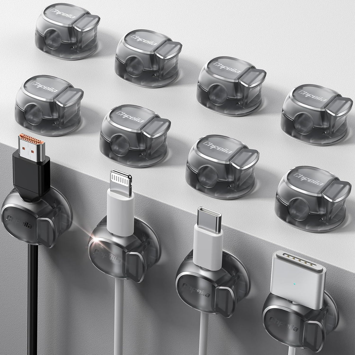 12Pack Cable Clips - Chfeila Latest Dual Spring Cord Organizer with Clasp Lock, [Max Stability] Desk Cable Management, Adhesive Phone Charging Wire Holder for Nightstand/Car/Wall, Office Accessory