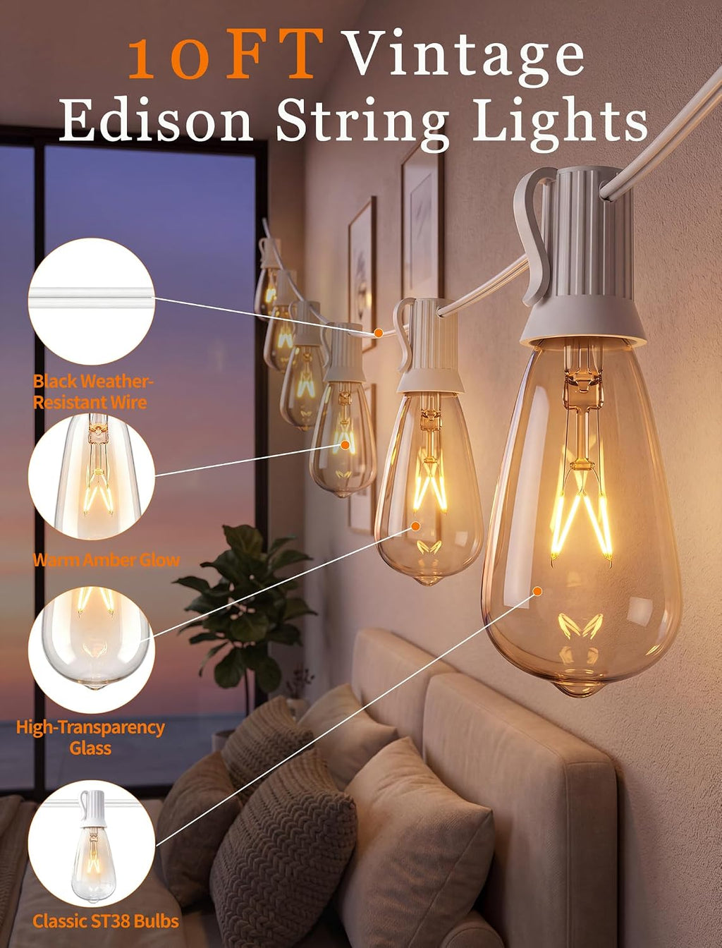 Abeja 10FT ST38 Outdoor Edison String Lights, White Wire Patio Lights with 11 Clear Vintage Bulbs (1 Spare), 7W E12/C7 Base, UL Listed Connectable Hanging Lights for Porch Backyard Wedding
